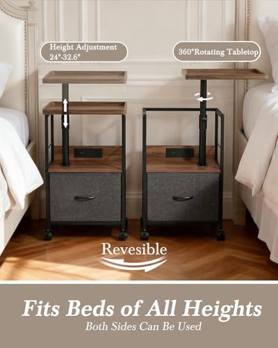 Faesun Swivel Lift Top Nightstand with Charging Station, Rolling Night Stand with Fabric Drawer, Adjustable Bedside Table for Bedroom, Living Room, Walnut Gray, Pro - color: 02 - Walnut Gray (Tray Top), size: 1 Drawer