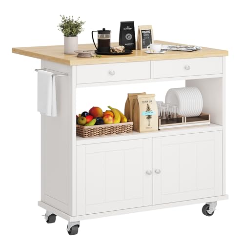 Rolling Kitchen Island with Folding Drop Leaf Breakfast Bar, 35.4'' W Kitchen Cart with Storage Cabinet and 2 Drawers, Portable Mobile Kitchen Island Table with Towel Rack, Lockable Wheels, White - color: White, size: Drop Leaf