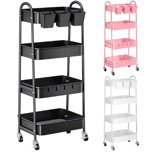Black 4 Tier Rolling Cart Metal with Lockable Wheels, Four Tiered Tall Storage Rolling Cart on Wheels, Heavy Duty Utility Organizer Carts for Laundry, Kitchen, Dorm, Craft, Art, Snack,Mesh Basket,38in - color: Matte Black, size: 4 tier