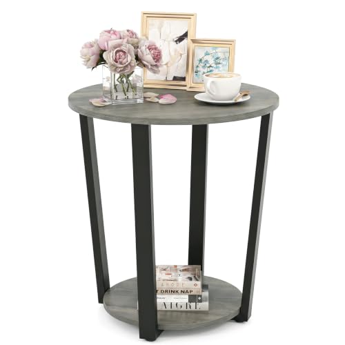Giantex Round End Table, 2-Tier Side Sofa Table with Open Storage Shelf and Metal Frame, Industrial Nightstand Bedside Table for Living Room, Bedroom, Small Space, Accent Furniture (1, Oak) - color: Oak