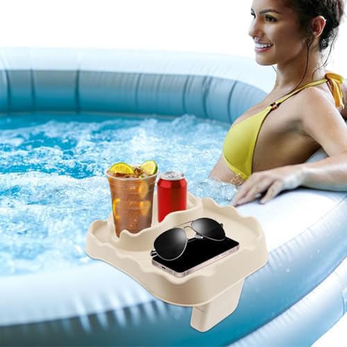 Hot Tub Table Tray Fits Width 6.7-7.8in Inflatable Spa/Pool,Beige | Foldable Hot Tub Side Table,Drink Caddy with 2 Cup Holders and Drain Holes,Non-Slip Rubber for Drinks,Phones & Snacks - color: Ivory