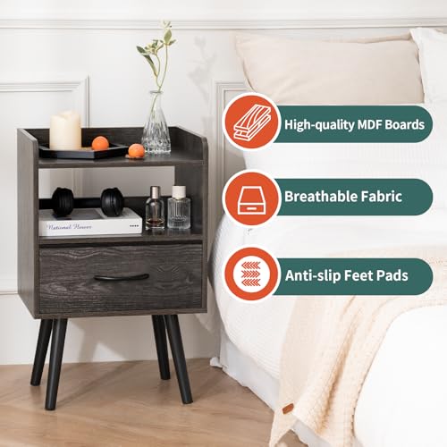 Yoobure Night Stand with Fabric Drawer, Modern Nightstand, Bedside Tables, Mid Century Nightstands with Open Storage Shelf, Wood Bedside Table, Small Night Stands for Bedrooms, 2-Tier Night Table - color: Charcoal Gray