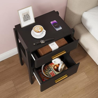 Nightstand with 2 Drawers and Open Shelf Wooden Bedside Table Gold Handles Modern Storage Night Stand Sensor Light for Bedroom, Black - color: Black