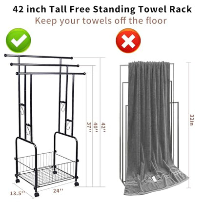 42" Tall Bathroom Towel Rack, Standing Towel Racks, 3 Tier Towel Holder with Storage Basket & 4 Hooks, Indoor Outdoor Freestanding Towel Racks with Anti-Skid Wheels, Pool Towel Blanket Stand