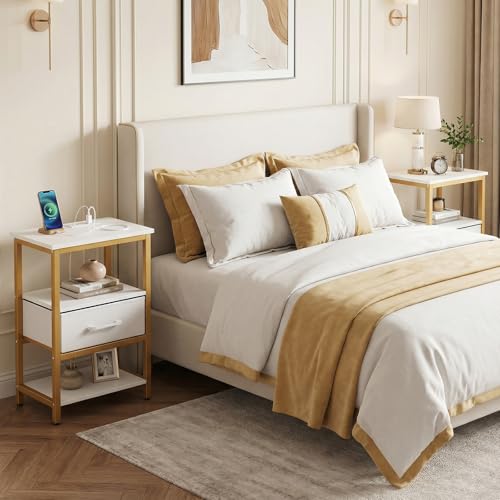 KOMFOTT Nightstand with Charging Station, Bedside Table with Fabric Drawer & Open Storage Shelves, End Table with Metal Frame, Modern Side Table for Bedroom, Small Space, Golden & White (1)