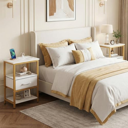 KOMFOTT Nightstand with Charging Station, Bedside Table with Fabric Drawer & Open Storage Shelves, End Table with Metal Frame, Modern Side Table for Bedroom, Small Space, Golden & White (1)