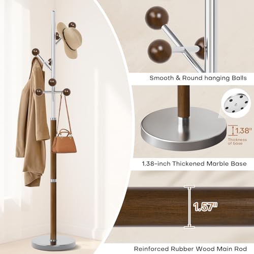 Coat Rack Freestanding Metal Coat Tree with 9 Rubber Wood Hooks | Heavy Duty Standing Coat Rack, Stainless Steel Marble Base, Coat Hanger Stand for Bedroom Entryway Hallway, Hat, Bags - color: B
