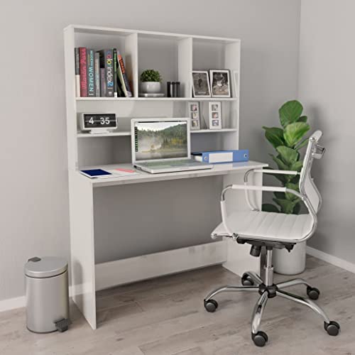 High Gloss White Engineered Wood Compact Desk with 5 Storage Spaces and 4 Built-in Shelves, Modern Rectangular Computer Desk for Home Office, Space-Saving Design with Durable - color: High Gloss White, size: Compact