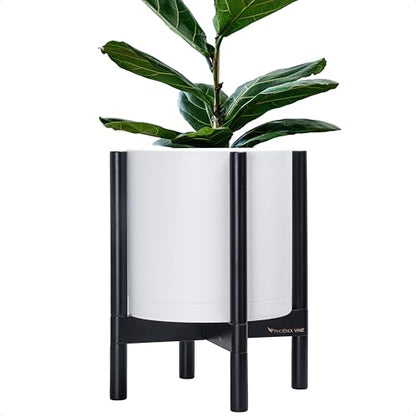 D'vine Dev Plastic Pot with Ebony Wood Stand, White, 12 in, 55-C-Q-1 | Mid-Century Inspired Design, Elevated Plant Display, Clean Lines, Sturdy Support, Modern Space-Saving Style - color: Matte White Pot + Ebony Stand, size: 12 Inch