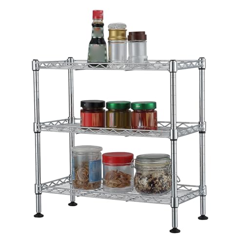 3-Tier Wire Shelving Unit, Chrome | Adjustable Steel Storage Rack, Leveling Feet, Freestanding Metal Shelves, for Kitchen Pantry Closet Laundry Garage - color: Chrome, 3 Tier-17.72"
