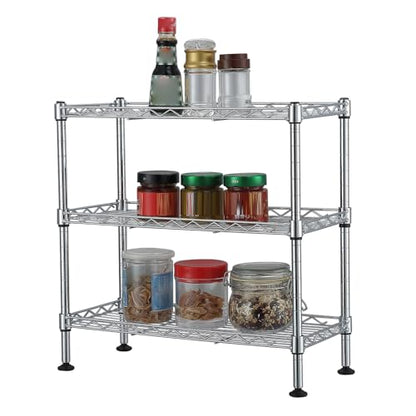 3-Tier Wire Shelving Unit, Chrome | Adjustable Steel Storage Rack, Leveling Feet, Freestanding Metal Shelves, for Kitchen Pantry Closet Laundry Garage - color: Chrome, 3 Tier-17.72"