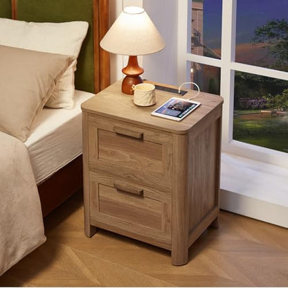 Joaxswe Farmhouse Nightstand with Charging Station, End Tables Bedroom with 2 Large Drawers & 4 Thickened Table Legs, Brown - color: Brown, size: 16"D x 19.7"W x 23.6"H (2 Drawers)