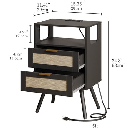 JOONEE Rattan Nightstand with Charging Station,Farmhouse Bedside Table with 2 Storage Drawer and Open Wood Shelf, for Bedroom and Small Spaces,Night Stand with Solid Wood Legs (Black-Outlet) - color: Black-outlet