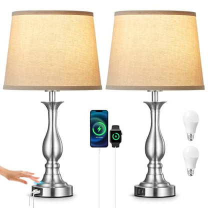 Bedside Table Lamp Touch Control Bedroom Lamps with USB A and C Charging Port 3 Way Dimmable Touch Lamps for Nightstand Living Room Bedroom Dorm Home Office Reading, Set of 2 - color: Silver