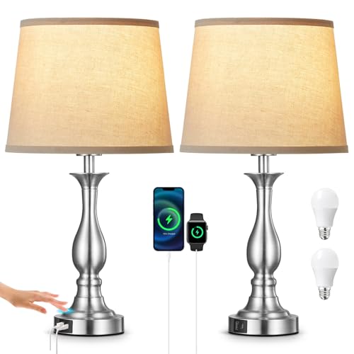 Bedside Table Lamp Touch Control Bedroom Lamps with USB A and C Charging Port 3 Way Dimmable Touch Lamps for Nightstand Living Room Bedroom Dorm Home Office Reading, Set of 2 - color: Silver