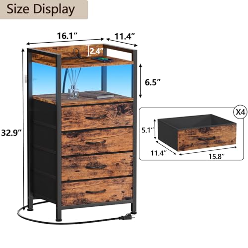 Furnulem Night Stand with Charging Station, 4 Drawer Tall Bedside Table | small dresser for bedroom, with LED light & Remote Control, Fabric Bins and Metal Frame,Wood Desk Top,Easy Assemble for Dorm - color: Rustic Brown
