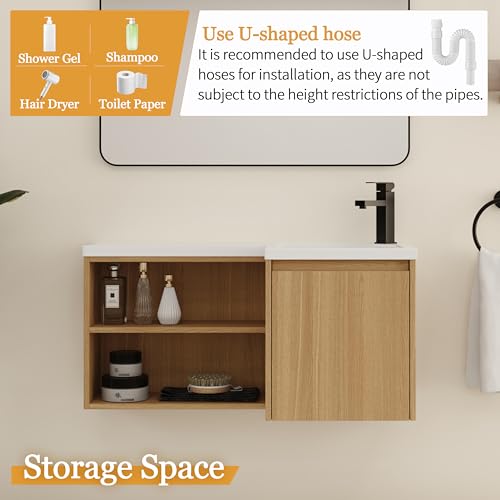 Malwee 36" Corner Floating Bathroom Vanity with Resin Sink, Right Side L-Shaped Wall Mounted Cabinet, Soft Close Door & Open Shelf, Space Saving Vanity for Small Bathroom, Light Brown - size: 36" (Right Sink)