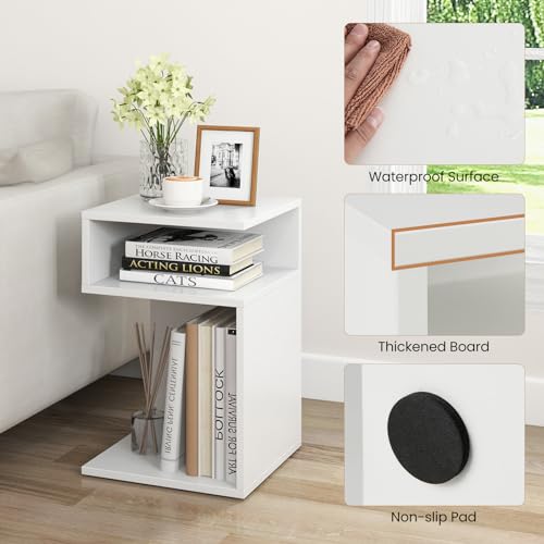 Giantex 3-Tier Side Table, S-Shaped End Table with 2 Open Storage Compartments, Wood Narrow Bedside Table, Modern Nightstand for Bedroom, Living Room, Small Spaces, Easy Assembly, White