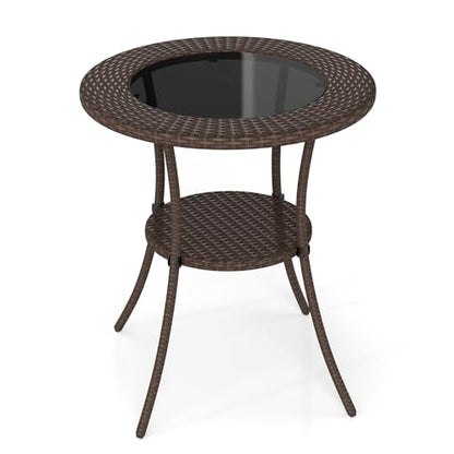 Tangkula 25.5" Wicker Patio Dining Table, Outdoor Round Bistro Side Table with Tempered Glass Top and Storage Shelf, for Balcony, Garden and Backyard