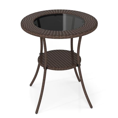 Tangkula 25.5" Wicker Patio Dining Table, Outdoor Round Bistro Side Table with Tempered Glass Top and Storage Shelf, for Balcony, Garden and Backyard