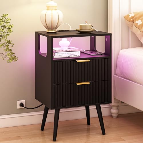 JOONEE Black Nightstand with Charging Station and LED Lights,Modern Bedside Table with 2 Storage Drawer and Open Wood Shelf, for Bedroom and Small Spaces,Night Stand with Solid Wood Legs,Black - color: Black