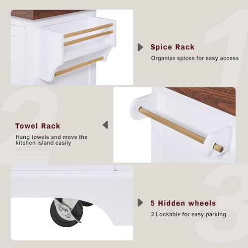 53" Large Kitchen Island with Ultra-Thick 3.5" Countertop, Heavy-Duty Rolling Storage Cart on 5 Wheels, 2 Extra-Large Drawers, Adjustable Cabinet Shelf, for Kitchen, White - color: White