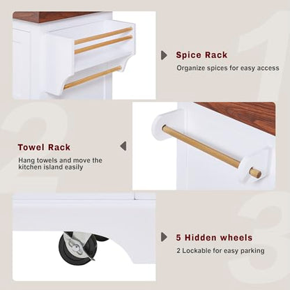53" Large Kitchen Island with Ultra-Thick 3.5" Countertop, Heavy-Duty Rolling Storage Cart on 5 Wheels, 2 Extra-Large Drawers, Adjustable Cabinet Shelf, for Kitchen, White - color: White