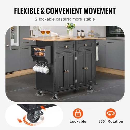 VEVOR Kitchen Island Cart, 35" Wood Top Mobile Carts with Storage Cabinet, Rolling Table with Drop Leaf, Spice Rack, Towel Bar, Adjustable Shelf, Drawer, and Hooks, Portable Islands on Wheels, Black - size: 35.4" W Drop Leaf, style: 2 Drawers & 4 Doors