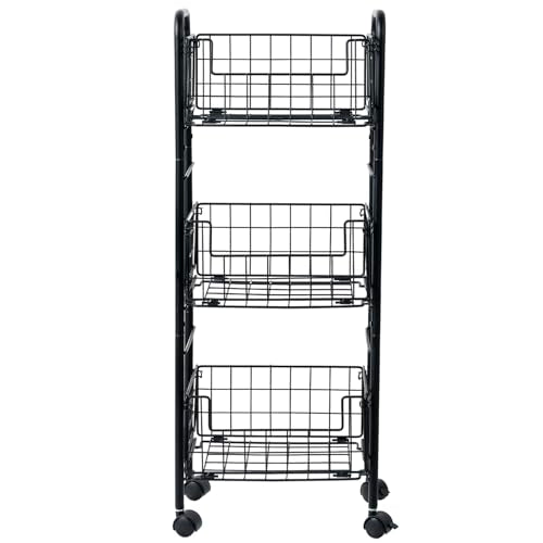 MyGift 3-Tier Rolling Metal Wire Fruit and Vegetable Basket Cart – Industrial Matte Black Kitchen Produce Storage Rack Stand with Wheels for Pantry and Countertop Organization