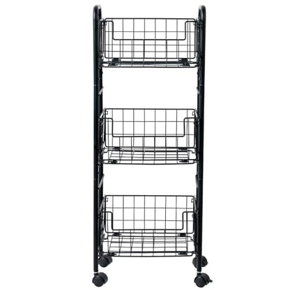 MyGift 3-Tier Rolling Metal Wire Fruit and Vegetable Basket Cart – Industrial Matte Black Kitchen Produce Storage Rack Stand with Wheels for Pantry and Countertop Organization