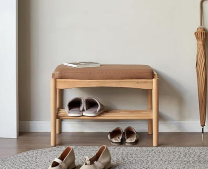 Oak Wood Shoe Bench, 32 Inch Entryway Bench with Brown Leather Cushion | Spacious oak seating with brown leather cushion combines durability, comfort and premium home design. - color: Natural + Brown Leather Cushion, size: 31.49"