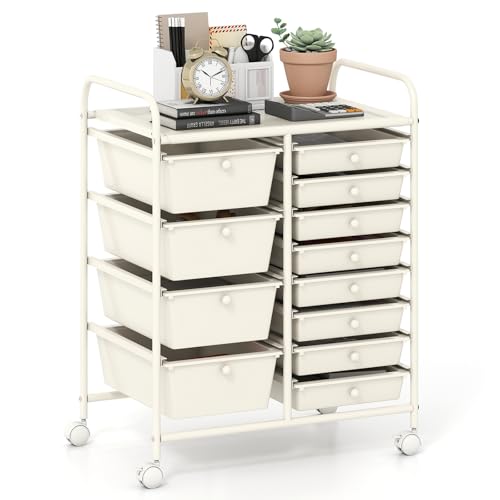 GOFLAME 12-Drawer Rolling Storage Cart, Craft Storage Cart with Removable Drawers & Lockable Wheels, Art Cart Supply Storage Organizer with Metal Frame for Home Office Classroom, White - color: White, size: 12 drawer-25"x14.5"x29.5"