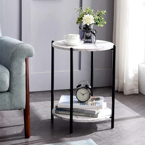 Faux Marble End Table White Black Side Table Marble Nightstand for Living Room or Bedroom Modern Accent Table with Black Metal Frame (1 pcs Black, Round) - color: 1 Pcs Black