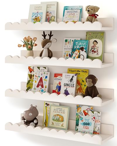Shario Nursery Book Shelves, 4-Pack White Floating Shelves for Wall Kids, Scalloped Shelves, Wall Book Shelves for Bedroom Kids, Toddler Room, Baby Room, Nursery Decor - color: White, size: 16.5 Inches