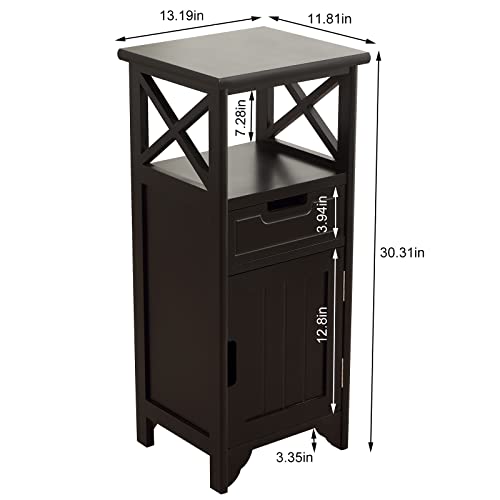 Assembled 30in Height Nightstand, Pre- Assembled Bathroom Floor Cabinet with Shelf and Storage Drawer, Black Tall End Table No Assembly Chest for Living Room Bedroom - color: Black