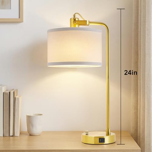 24‘’ Gold Table Lamp Set of 2 with USB A and C Ports, 180° Adjustable Stepless Dimming Bedside Lamps for Night Stands, E26 Bare Bulb Compatible, Industrial Nightstand Lamp, 9W LED Bulb Included - color: Gold-A