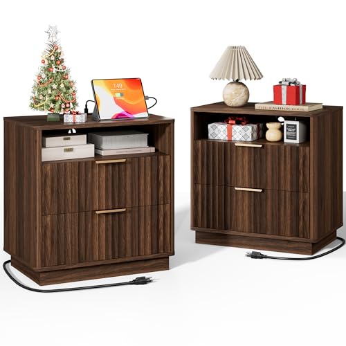 Fluted Nightstand, Night Stand Set 2, 23" Wide Walnut Nightstands Set of 2 with Charging Station, 2 Drawers Wooden End Table w/Storage, Large Modern Bedside Table for Bedroom,Curved Corners - color: Walnut, size: 2 Drawers（23"W）