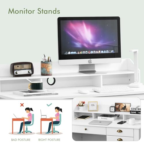Catrimown Computer Desk with Drawers and Hutch, 47 Inch Home Office Desk with File Drawers, Student Girls Desks, Teens Writing Table with Hutch, Small Desk with Drawer for Bedroom, White - color: White Oak