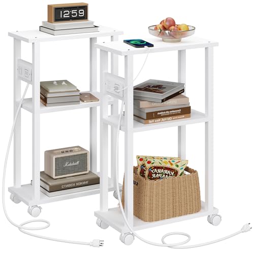 TUTOTAK Small Narrow Side Table with Charging Station, Set of 2 Skinny End Table for Small Spaces, Slim Nightstand with USB Ports and Outlet,Sofa Beside Table with Wheels, White TB01BW047 - color: White, size: 2 PC, style: With Plug