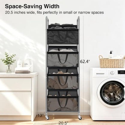 STO STO 4-Tier Vertical Rolling Laundry Hamper, Removable Bags, Black Mesh | 160L Capacity, Space-Saving Vertical Design, Rust-Resistant Steel Frame, Lockable Wheels, Ideal for Apartments & Small Spaces - color: Black Mesh, size: 4-Tier