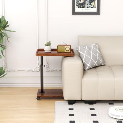 C Shaped Side Table with Wheels, Adjustable Height C Shaped End Table for Couch, 360°Swivel Side Tables that Slide Under, Rolling Small Coffee C Table End Table for Sofa/Bed/Bathtub (Brown)
