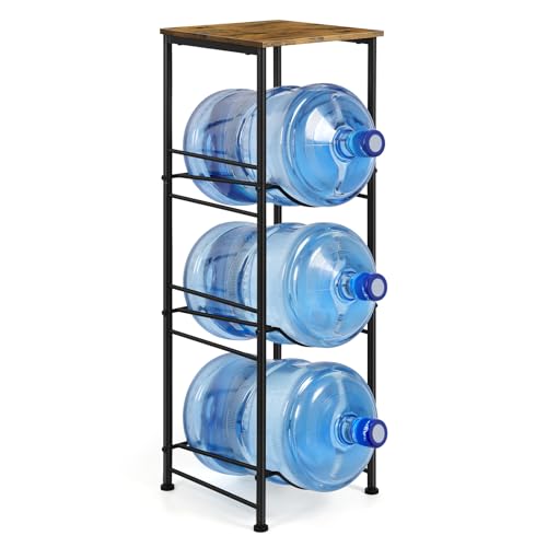 OYEAL 5 Gallon Water Bottle Jug Holder 3-Tier Water Bottle Holder Organizer with Top Shelf, Heavy Duty Water Dispenser Stand Rack for Kitchen Living Room Office, Rustic Brown - style: Round Tube Brown