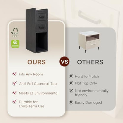 Narrow Nightstand Set of 2, Modern Small Bedside Table with Drawers & Open Shelf, Modern End Table for Bedroom Small Spaces, Apartments, Renters, Black - color: Narrow Black