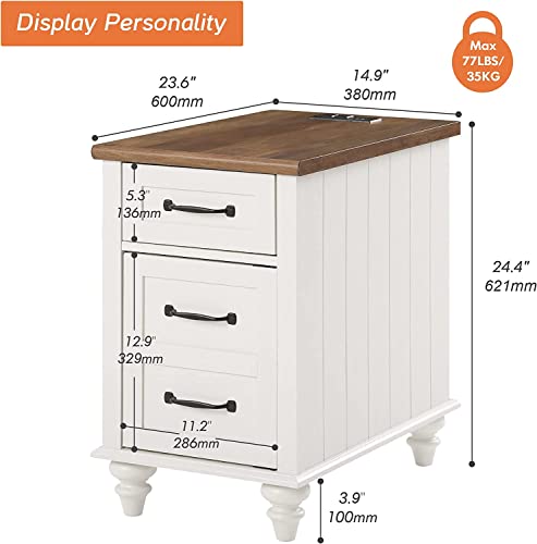 WAMPAT White End Table with Charging Station, Wood Side Table with 1 Drawer &1 Storage Cabinet, Mid Century Modern Nightstand with Power Outlets & USB Ports for Living Room, Bedroom - color: Off White