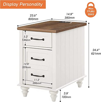 WAMPAT White End Table with Charging Station, Wood Side Table with 1 Drawer &1 Storage Cabinet, Mid Century Modern Nightstand with Power Outlets & USB Ports for Living Room, Bedroom - color: Off White