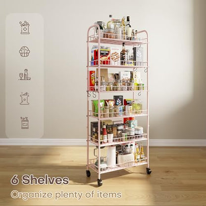 6 Tier Slim Rolling Storage Cart with Wheels, Metal Mobile Shelving Unit Organizer Utility Cart for Office Bathroom Kitchen Laundry Room Narrow Places (Pink 10 Inches) - size: Pink 10 Inches