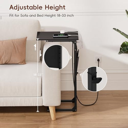 C-Shaped End Tables Set of 2 with Charging Station, 33'' Tall C Table Adjustable Height Side Table, Sofa Table for Couch, Couch Table that Slide Under Sofa, TV Trays for Living Room, Black - color: 2pc Black, style: With Plug