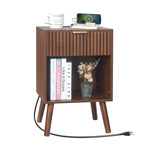 Fultyle Nightstand with Charging Station, Fluted Night Stand with USB and Type C Ports, Mid Century Modern Bedside Table with Drawer and Storage Shelf for Bedroom, Living Room, Office (Walnut Brown) - color: Walnut Brown With Charging Station