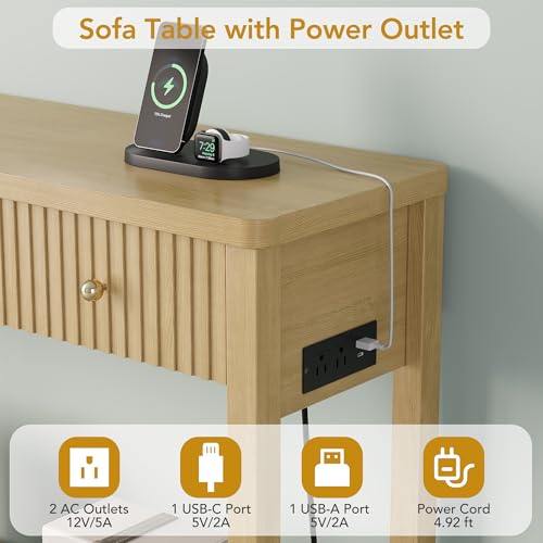 47 Inch Fluted Console Table with Outlets and USB-C Port, Mid Century Modern Sofa Table with 3 Drawers and Open Shelf, Entryway Table with Charging Station for Behind Couch, Hallway, Foyer, Oak