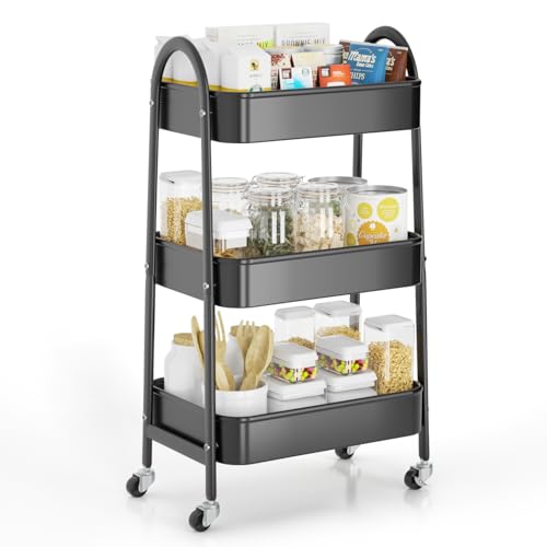3 Tier Rolling Cart, Large Metal Storage Cart with Handle and Lockable Wheels, Big Multifunctional Storage Organizer Trolley with Mesh Baskets for Kitchen, Living Room, Office, Garage (Black) - color: Black, size: Large